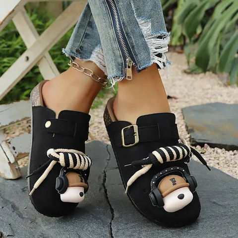 Women Birkenstock Style Platform Clogs Cartoon Bear Decor Soft PVC Sole Summer Slip-On Slippers For Beach Outdoor