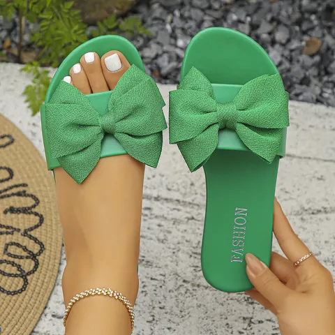 Women Large Bow Flat Slides Fashion Square Toe PU Leather Summer Outdoor Slippers Casual Daily Beach Sandals