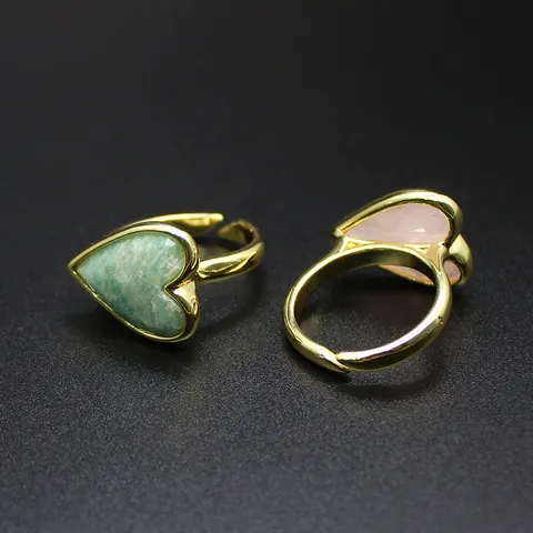 Vintage Heart Natural Stone Adjustable Ring For Women Retro Gold Plated Heart Shaped Rose Quartz Amethyst Ins Fashion Jewelry Accessory