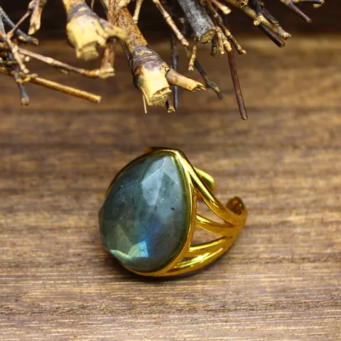 Vintage Water Drop Gemstone Open Ring For Women Gold Plated Hollow Geometric Adjustable Pear Cut Crystal Finger Jewelry