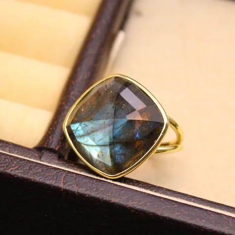 Anillo Abierto Ajustable Facetado de Piedra Natural Piedra de Luna Labradorita Amazonita Anillo de Aleación Geométrica
