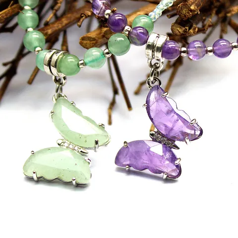 Natural Semi-Precious Stone Crystal Butterfly Pendant Necklace For Women Beaded Chain Luxurious Jewelry Gift