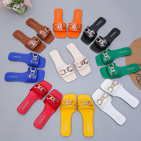 Women Plus Size Flat Chain Slides Square Toe Slippers One-Band PU Leather Metal Decor Summer Beach Sandals