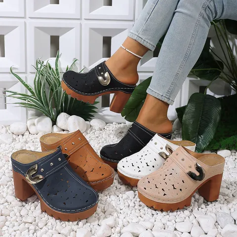 Damen Retro Blockabsatz Sandaletten Peep Toe Ausgehöhlt Plateau Mules Mit Metallschnalle Sommer Mode Party Schuhe