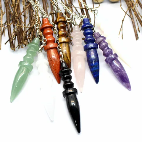 Natural Stone Crystal Dowsing Pendulum Scepter Shape Pendant With Alloy Chain Mysterious Spiritual Healing Meditation Jewelry For Unisex