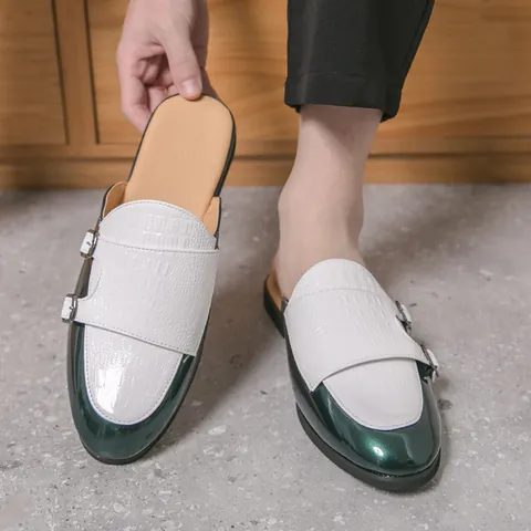 Mules pour Hommes Style Britannique Business Respirantes Loafers en Cuir PU Motif Crocodile Double Boucle Monk Sabots