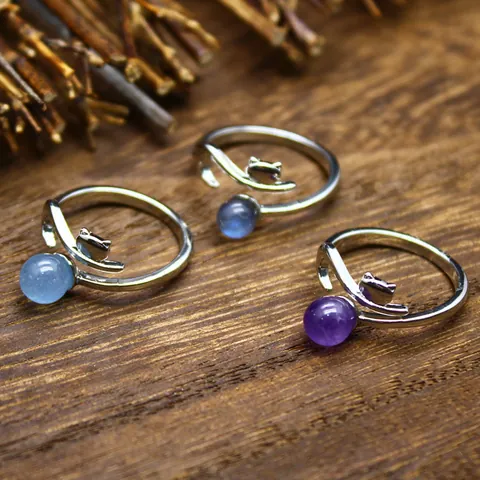 Natural Stone Fox Shape Open Ring For Women Aquamarine Amethyst Labradorite Silver Color Alloy Adjustable Animal Finger Ring