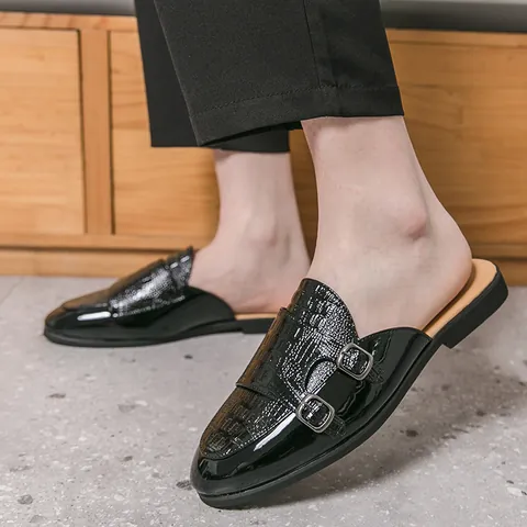 Mules pour Hommes Style Britannique Business Respirantes Loafers en Cuir PU Motif Crocodile Double Boucle Monk Sabots