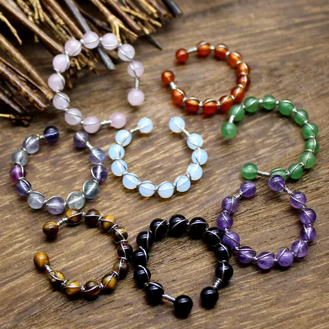 Natural Stone Round Bead Wire Wrapped Open Ring For Women Men Handmade Amethyst Rose Quartz Adjustable Finger Ring Jewelry