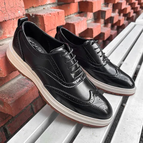Men Business Casual Brogue Shoes Microfiber Leather Pointed Toe Wingtip Carving Fashion Thick White Sole Lace Up Loafers