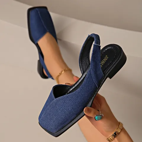 Sandali Slingback da Donna a Punta Quadrata Denim con Stampa Leopardata Scarpe Estive alla Moda con Tacco Basso Ballerine Casual