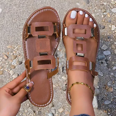 Pantofole Basse da Donna con Intaglio Geometrico in Pelle PU Fibbia Ciabatte da Spiaggia Estive Grandi Dimensioni Sandali Casual