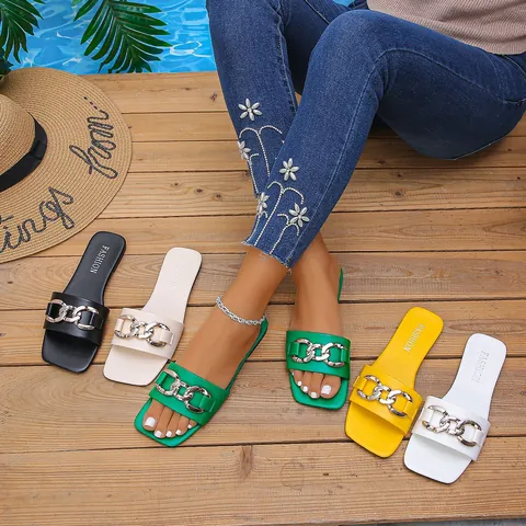 Women Plus Size Flat Chain Slides Square Toe Slippers One-Band PU Leather Metal Decor Summer Beach Sandals