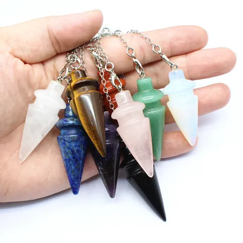Natural Stone Crystal Pendulum Necklace For Dowsing Divination Meditation Amethyst Rose Quartz Hexagonal Cone Healing Jewelry