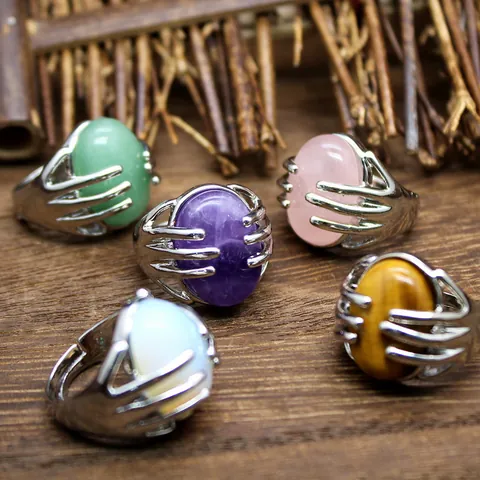 Individual Fashion Natural Stone Hand Palm Ring For Women Adjustable Opening Tiger Eye Amethyst Rose Quartz Unique Jewelry