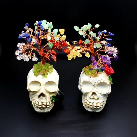 Natural Amethyst Crystal Chips Money Tree Skull Base Ornament LED Light Copper Wire Wrapped Tree For Gothic Home Office Decor