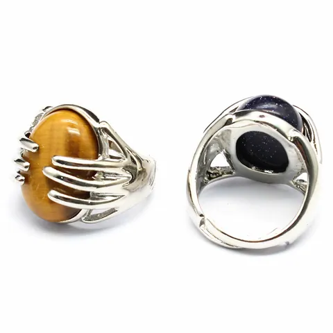 Individual Fashion Natural Stone Hand Palm Ring For Women Adjustable Opening Tiger Eye Amethyst Rose Quartz Unique Jewelry