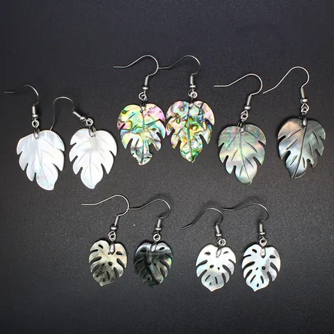 Natural Abalone Shell Monstera Leaf Dangle Earrings For Women Bohemian Resort Style Tropical Plant Mother Of Pearl Jewelry