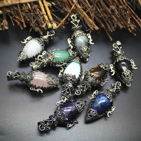 Antique Silver Bottle Egg Shaped Natural Stone Pendulum Pendant Necklace Vintage Pentagram Filigree Jewelry for Women