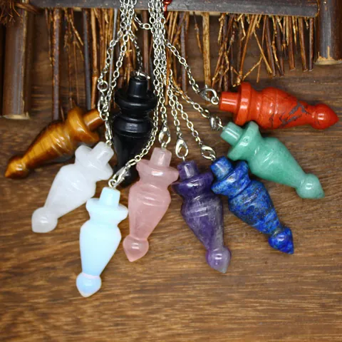 Natural Stone Spiral Tapered Pendulum Pendant Necklace Healing Crystal Point Dowsing Pendulum With Alloy Chain For Unisex