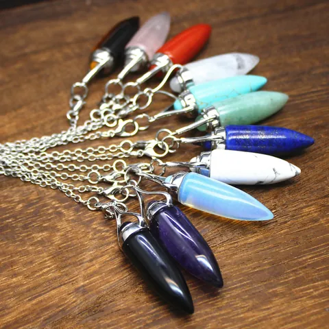 Natural Stone Bullet Hexagonal Crystal Pendulum Pendant Necklace Vintage Polished Gemstone Bullet Point Healing Stone Jewelry For Women Men Gift
