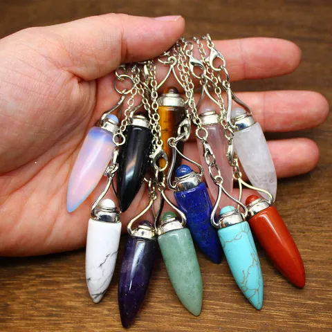 Natural Stone Bullet Hexagonal Crystal Pendulum Pendant Necklace Vintage Polished Gemstone Bullet Point Healing Stone Jewelry For Women Men Gift