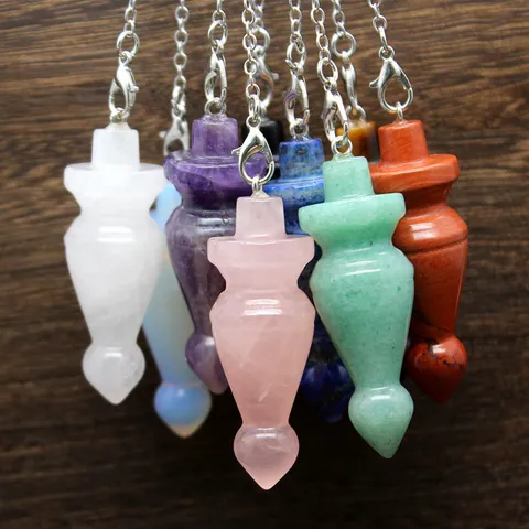 Natural Stone Spiral Tapered Pendulum Pendant Necklace Healing Crystal Point Dowsing Pendulum With Alloy Chain For Unisex