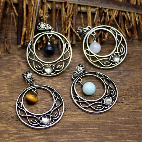 Retro Celtic Knot Round Hollow Moon Pendant Natural Amethyst Labradorite Stone Alloy Charm For Jewelry Making Men Women Accessory