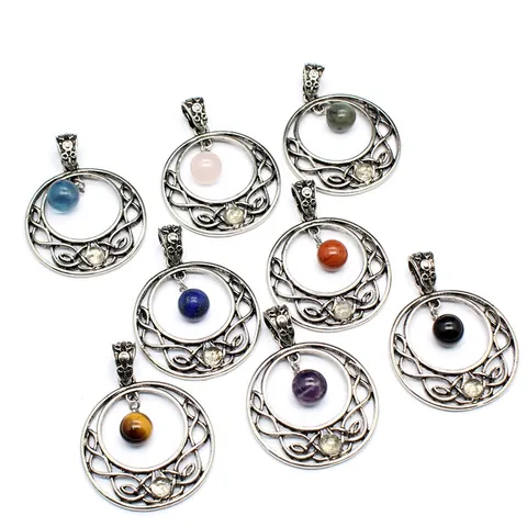 Retro Celtic Knot Round Hollow Moon Pendant Natural Amethyst Labradorite Stone Alloy Charm For Jewelry Making Men Women Accessory