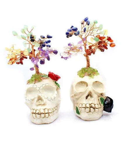 Natural Amethyst Crystal Chips Money Tree Skull Base Ornament LED Light Copper Wire Wrapped Tree For Gothic Home Office Decor