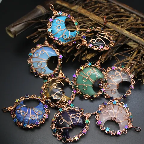 Crystal Copper Wire Hand Woven Moon Pendant Necklace Women Handmade Moon Shape Star Charms Bohemian Natural Stone Jewelry Pendant
