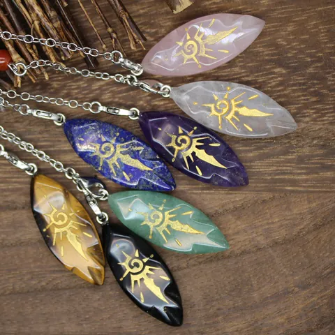 Natural Stone Sun Rune Dowsing Pendulum Necklace Amethyst Rose Quartz Crystal Healing Point Pendant Triple Moon Jewelry
