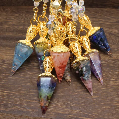 Natural Stone Hexagonal Cone Pendulum Crystal Crushed Stone Resin Pendant With Lotus Charm For Healing Meditation Decoration
