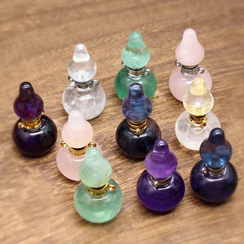 Natural Stone Crystal Gourd Perfume Bottle Pendant Necklace Amethyst Rose Quartz Fluorite Scent Bottle Jewelry For Women