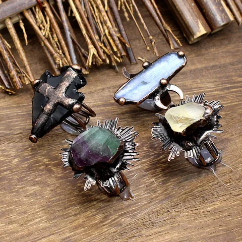 Bague Ouverte Vintage Médiévale en Cristal Naturel Brut pour Unisexe Alliage Vieilli Irrégulier Fluorite Obsidienne Bague Gothique Bijoux