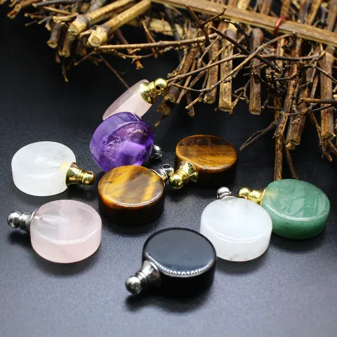 Style Ins Pendentif Flacon de Parfum en Pierre Naturelle Quartz Rose Améthyste Flacon d'Huile Essentielle Bijoux Femme