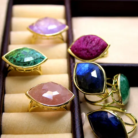 Vintage Ethnic Eye of Horus Faceted Natural Stone Adjustable Ring For Women Men Gold Plated Labradorite Strawberry Quartz personalized Jewelry