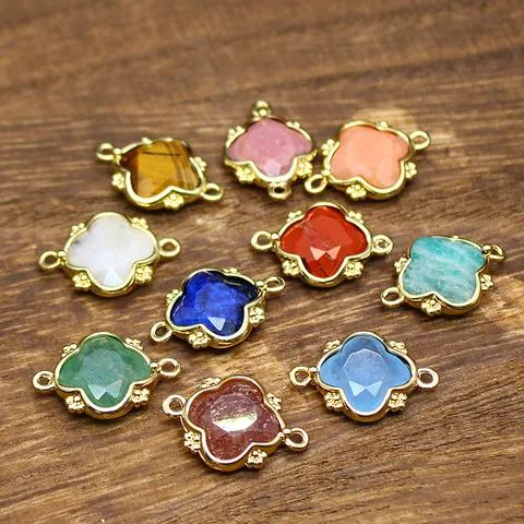 18K Gold Plated Copper Natural Stone Moonstone Flower Double Ring Pendant DIY Necklace Earring Jewelry Making Accessories