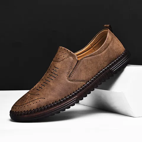 Scarpe in Pelle Casual da Uomo Pieno Fiore Traspirante Traforate Senza Lacci Mocassini Antiscivolo Suola in Gomma Scarpe Uomo