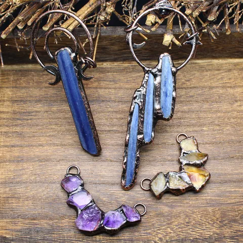 Vintage Natural Raw Stone Citrine Amethyst Kyanite Pendant Antique Bronze Alloy Star Moon Geometric Pendant For Jewelry Making