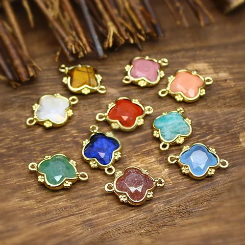 18K Gold Plated Copper Natural Stone Moonstone Flower Double Ring Pendant DIY Necklace Earring Jewelry Making Accessories