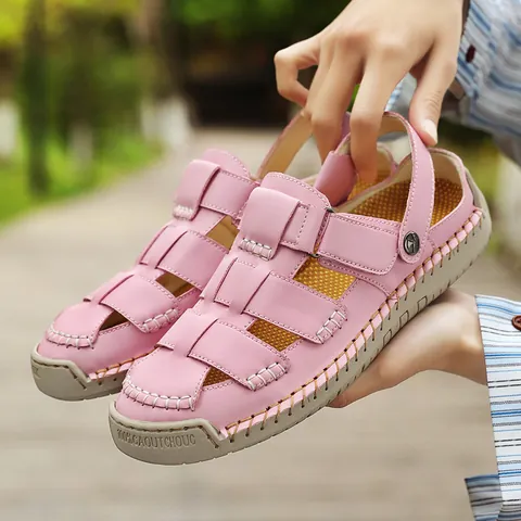 Women's Microfiber Leather Sandals Minimalist Hand-stitched Hollow Out Fisherman Sandals Non-slip Rubber Sole Casual Summer Shoes