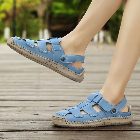 Women's Microfiber Leather Sandals Minimalist Hand-stitched Hollow Out Fisherman Sandals Non-slip Rubber Sole Casual Summer Shoes