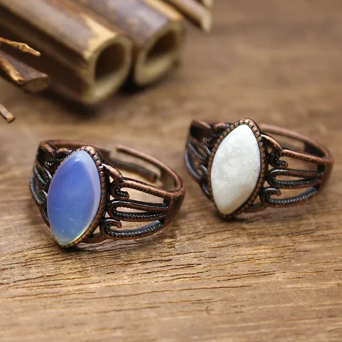 Anello Aperto in Lega di Pietra Naturale Vintage Traforato per Uomo Donna Bohemien Invecchiato Marquise Regolabile Gioielli da Dito