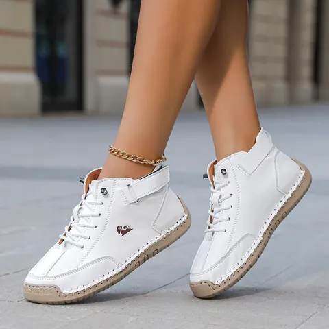 Botas Martens Casuales para Mujer Cosidas a Mano Retro de Cuero de Microfibra Zapatos Planos para Caminar Otoño Invierno
