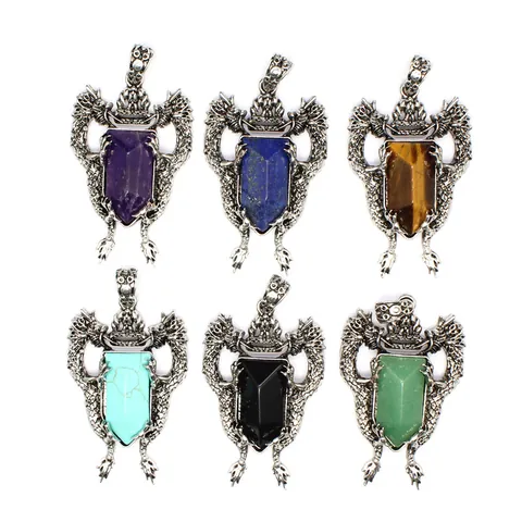 Vintage Double Dragon Shield Pendant Natural Stone Crystal Alloy Pendant Only Without Chain For Men Women Ethnic Retro Jewelry