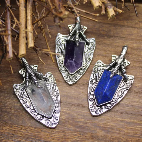 Vintage Herren Drachenkralle Schild Anhänger Halskette Naturstein Amethyst Lapislazuli Legierung Gothic Punk Schmuck Zubehör