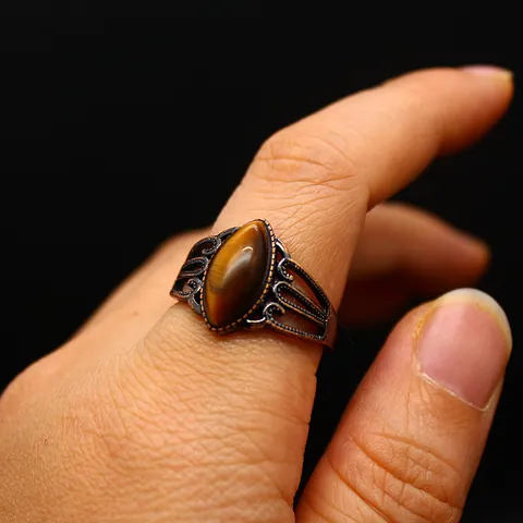 Anello Aperto in Lega di Pietra Naturale Vintage Traforato per Uomo Donna Bohemien Invecchiato Marquise Regolabile Gioielli da Dito