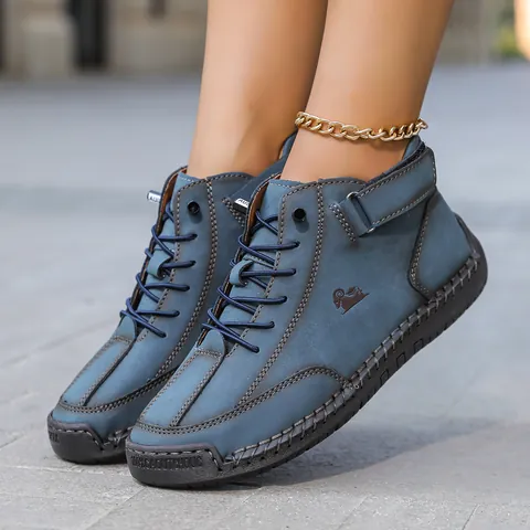 Botas Martens Casuales para Mujer Cosidas a Mano Retro de Cuero de Microfibra Zapatos Planos para Caminar Otoño Invierno