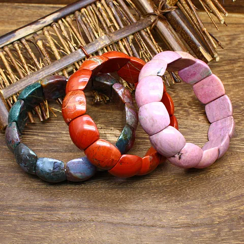 Natural Stone Amethyst Rose Quartz Indian Agate Rectangular Beaded Stretch Bracelet Men Women Healing Crystal Jewelry